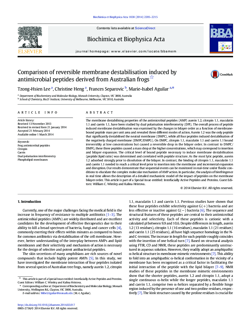 Comparison of reversible membrane destabilisation induced by antimicrobial peptides derived from Australian frogs 