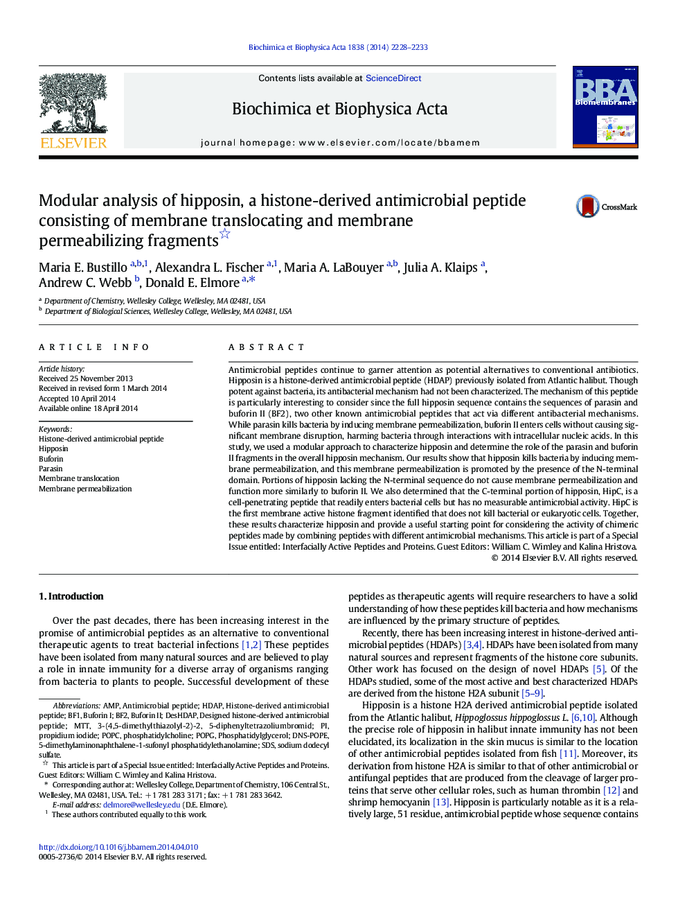 Modular analysis of hipposin, a histone-derived antimicrobial peptide consisting of membrane translocating and membrane permeabilizing fragments 