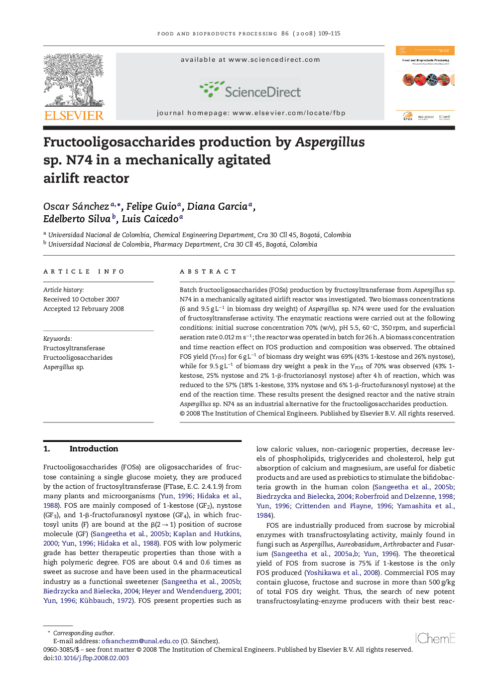 Fructooligosaccharides production by Aspergillus sp. N74 in a mechanically agitated airlift reactor