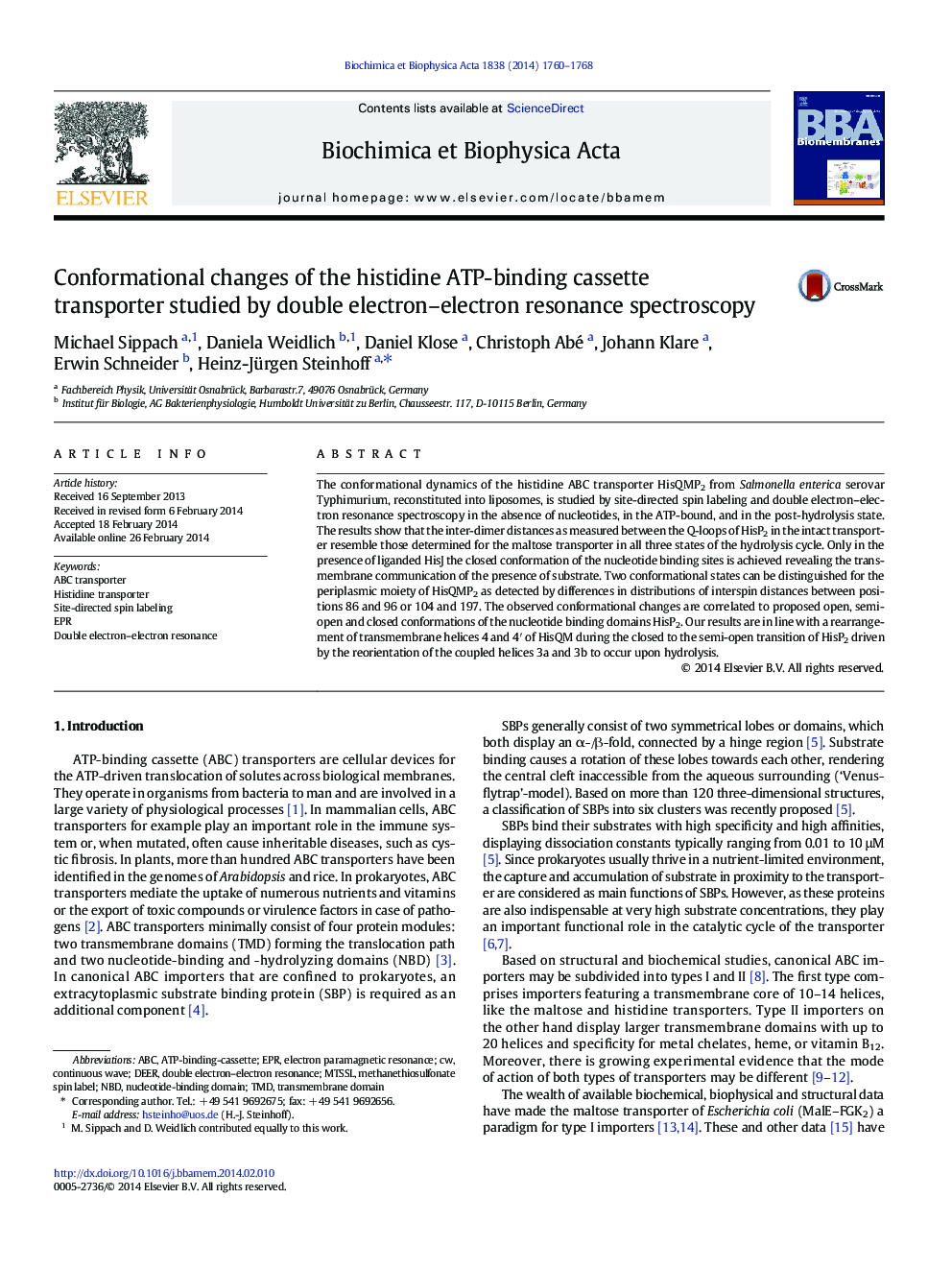 Conformational changes of the histidine ATP-binding cassette transporter studied by double electron–electron resonance spectroscopy