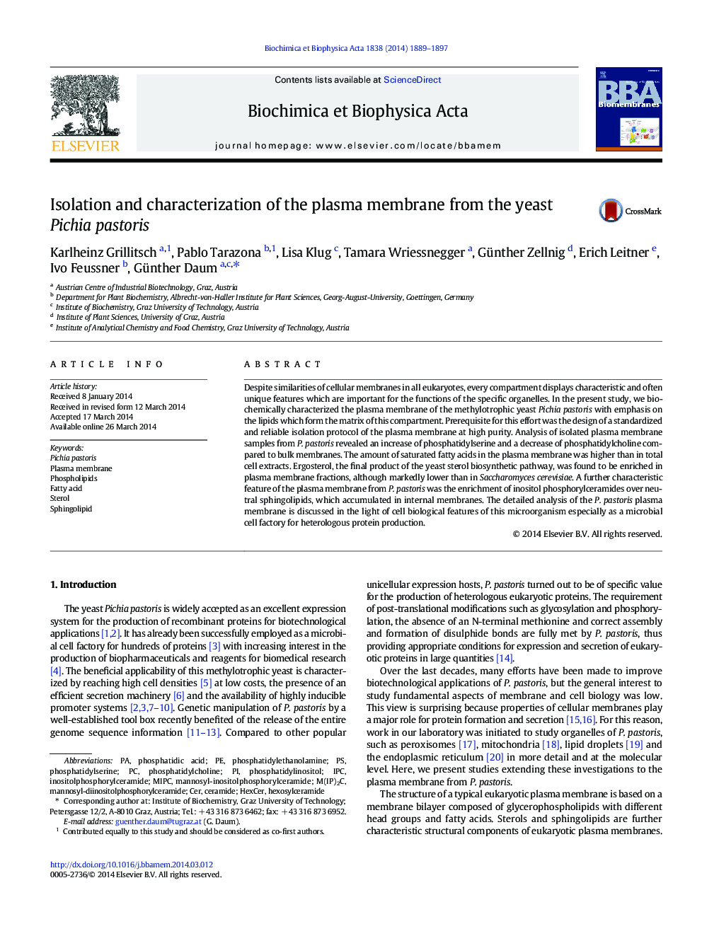 Isolation and characterization of the plasma membrane from the yeast Pichia pastoris