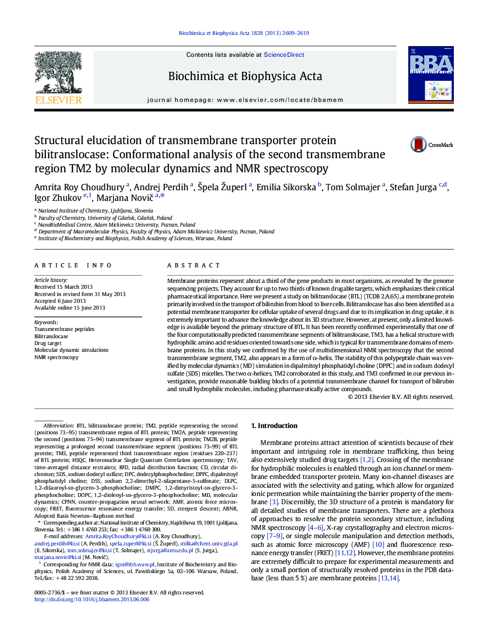 Structural elucidation of transmembrane transporter protein bilitranslocase: Conformational analysis of the second transmembrane region TM2 by molecular dynamics and NMR spectroscopy