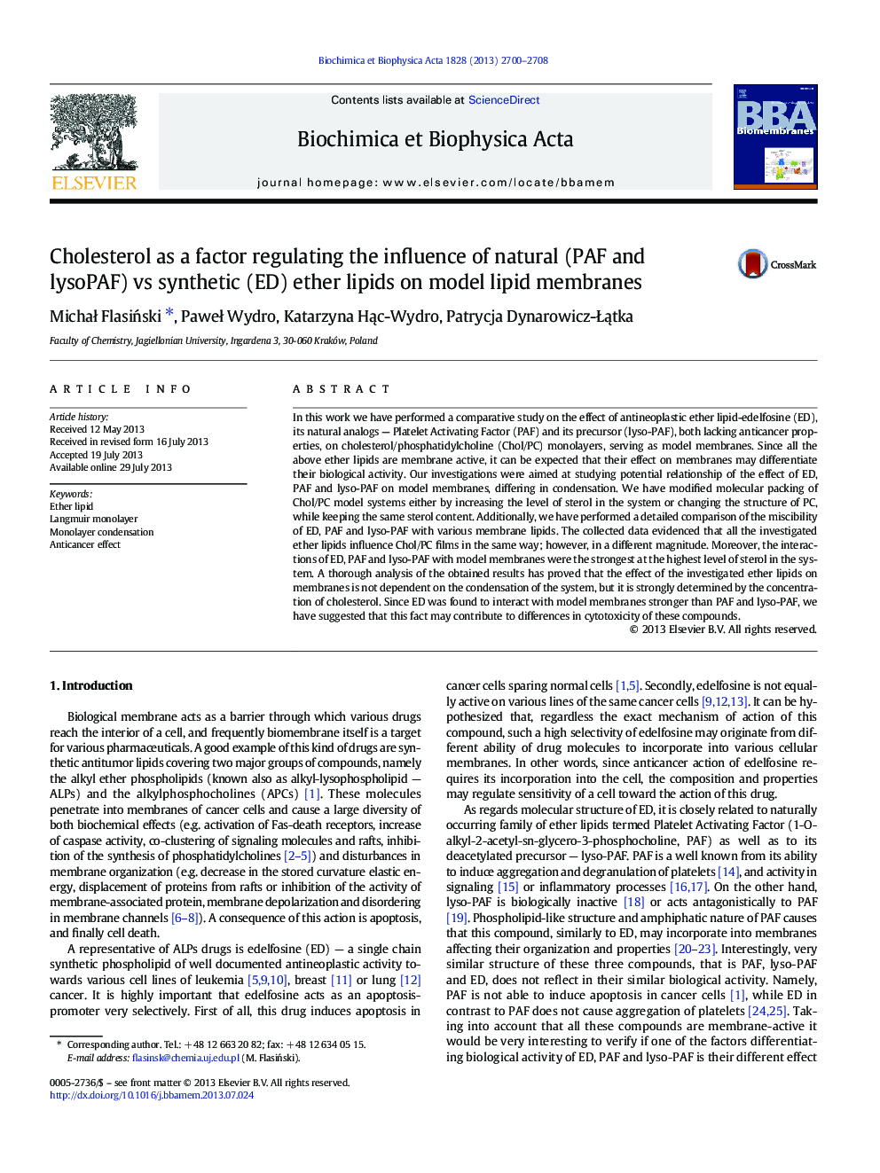 Cholesterol as a factor regulating the influence of natural (PAF and lysoPAF) vs synthetic (ED) ether lipids on model lipid membranes