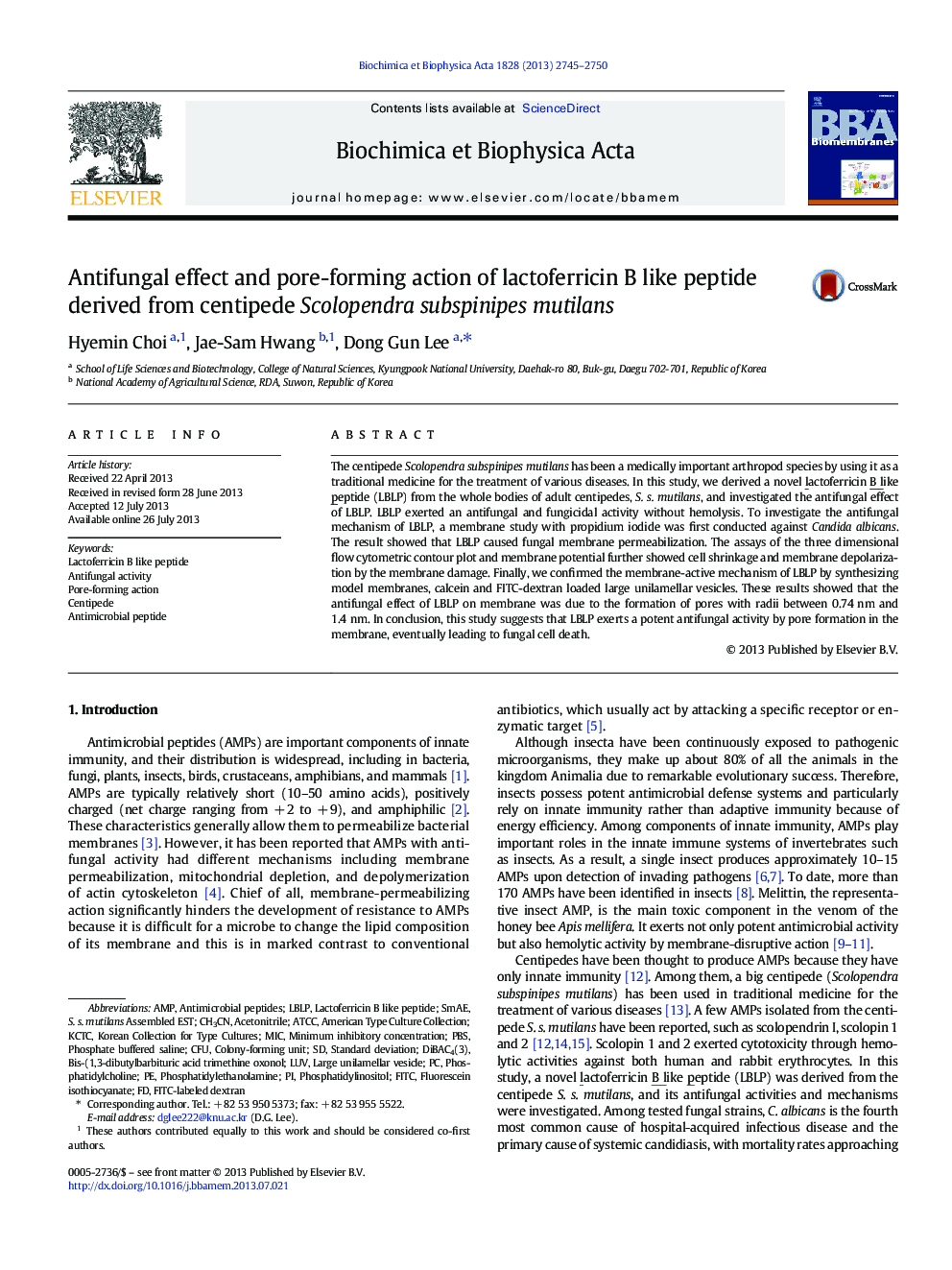 Antifungal effect and pore-forming action of lactoferricin B like peptide derived from centipede Scolopendra subspinipes mutilans