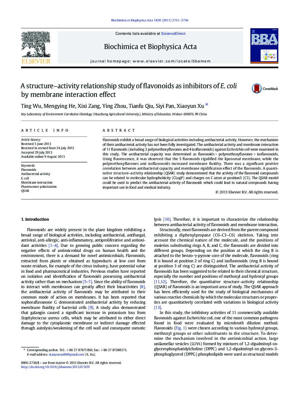 A structure–activity relationship study of flavonoids as inhibitors of E. coli by membrane interaction effect