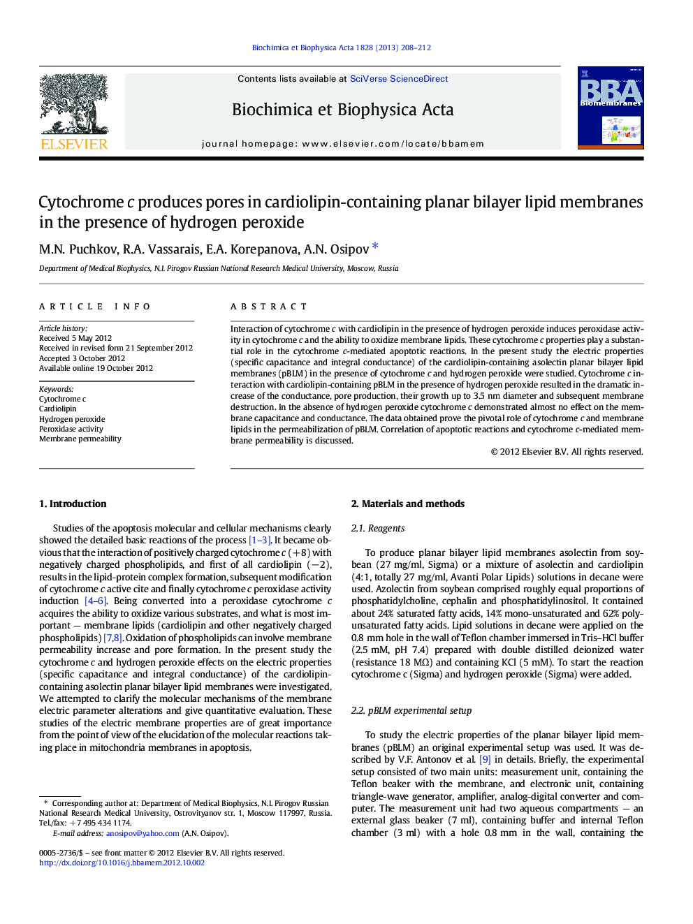 Cytochrome c produces pores in cardiolipin-containing planar bilayer lipid membranes in the presence of hydrogen peroxide