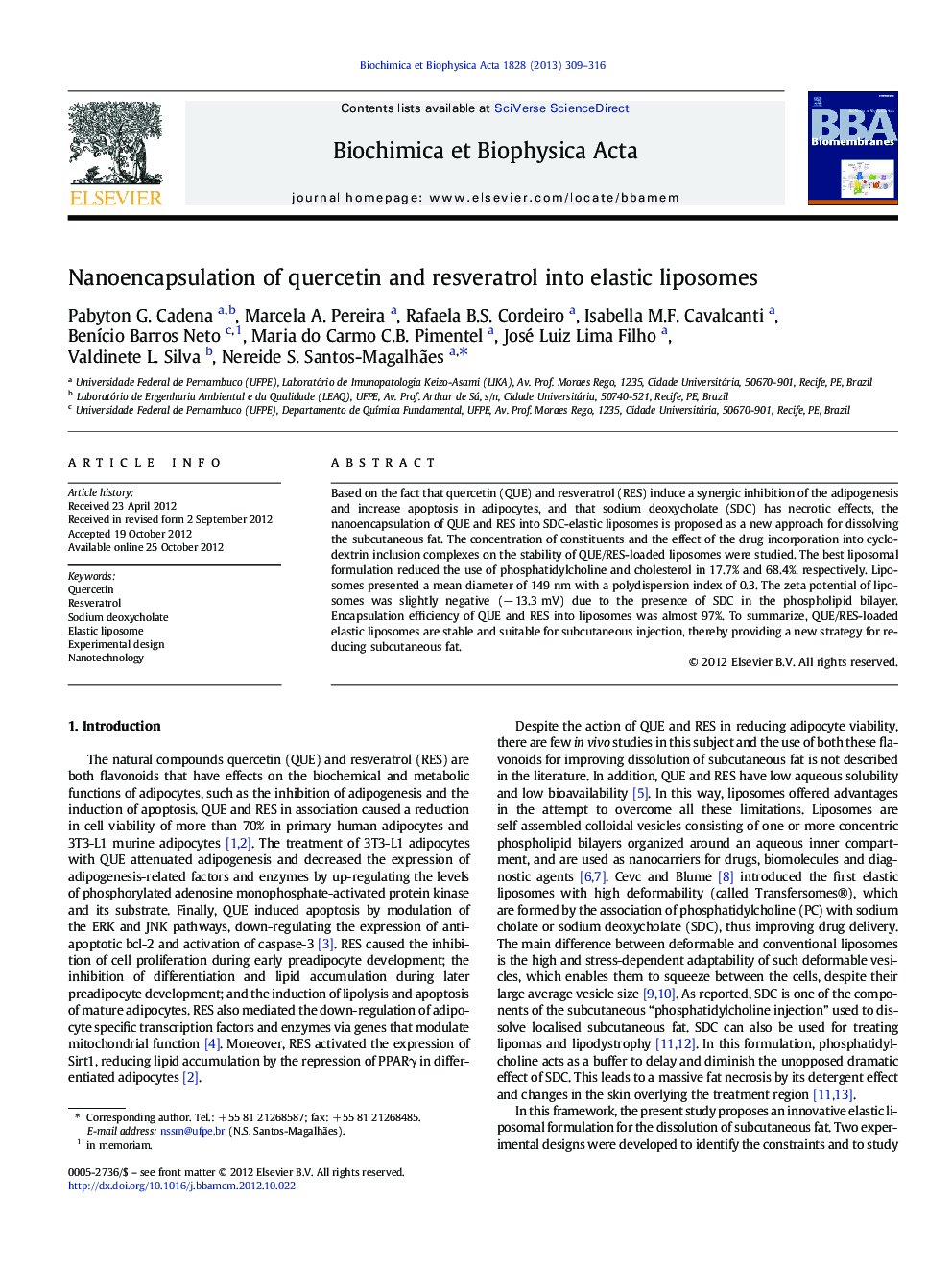 Nanoencapsulation of quercetin and resveratrol into elastic liposomes