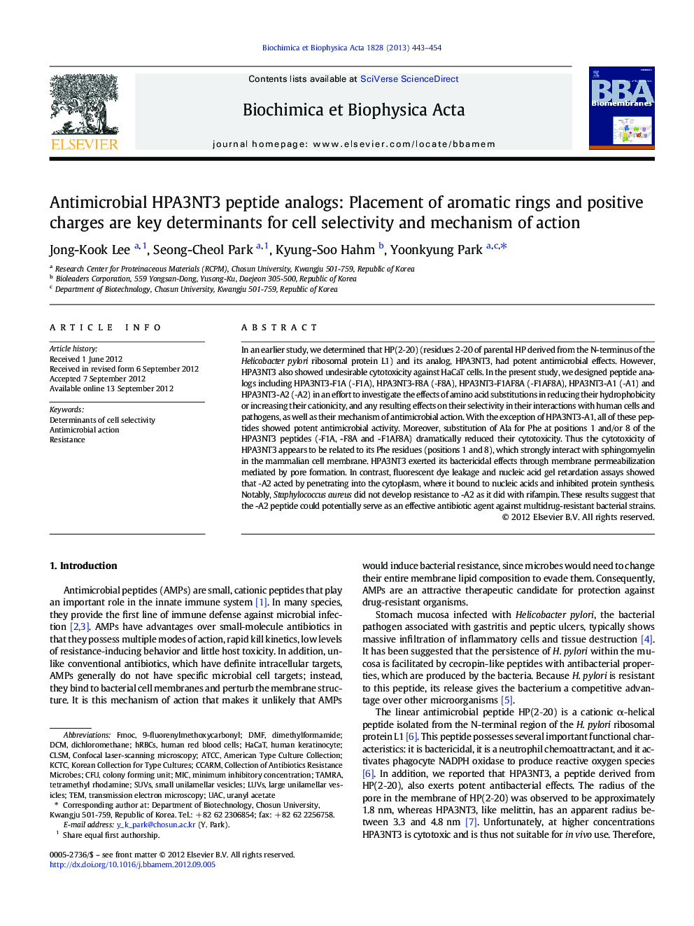 Antimicrobial HPA3NT3 peptide analogs: Placement of aromatic rings and positive charges are key determinants for cell selectivity and mechanism of action