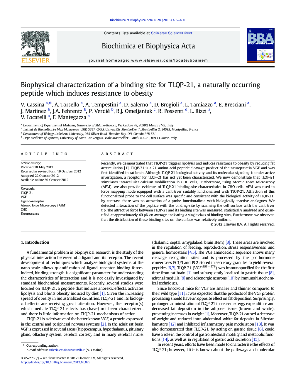 Biophysical characterization of a binding site for TLQP-21, a naturally occurring peptide which induces resistance to obesity