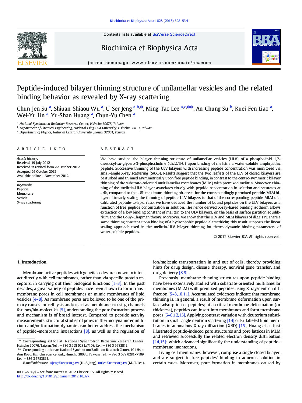 Peptide-induced bilayer thinning structure of unilamellar vesicles and the related binding behavior as revealed by X-ray scattering