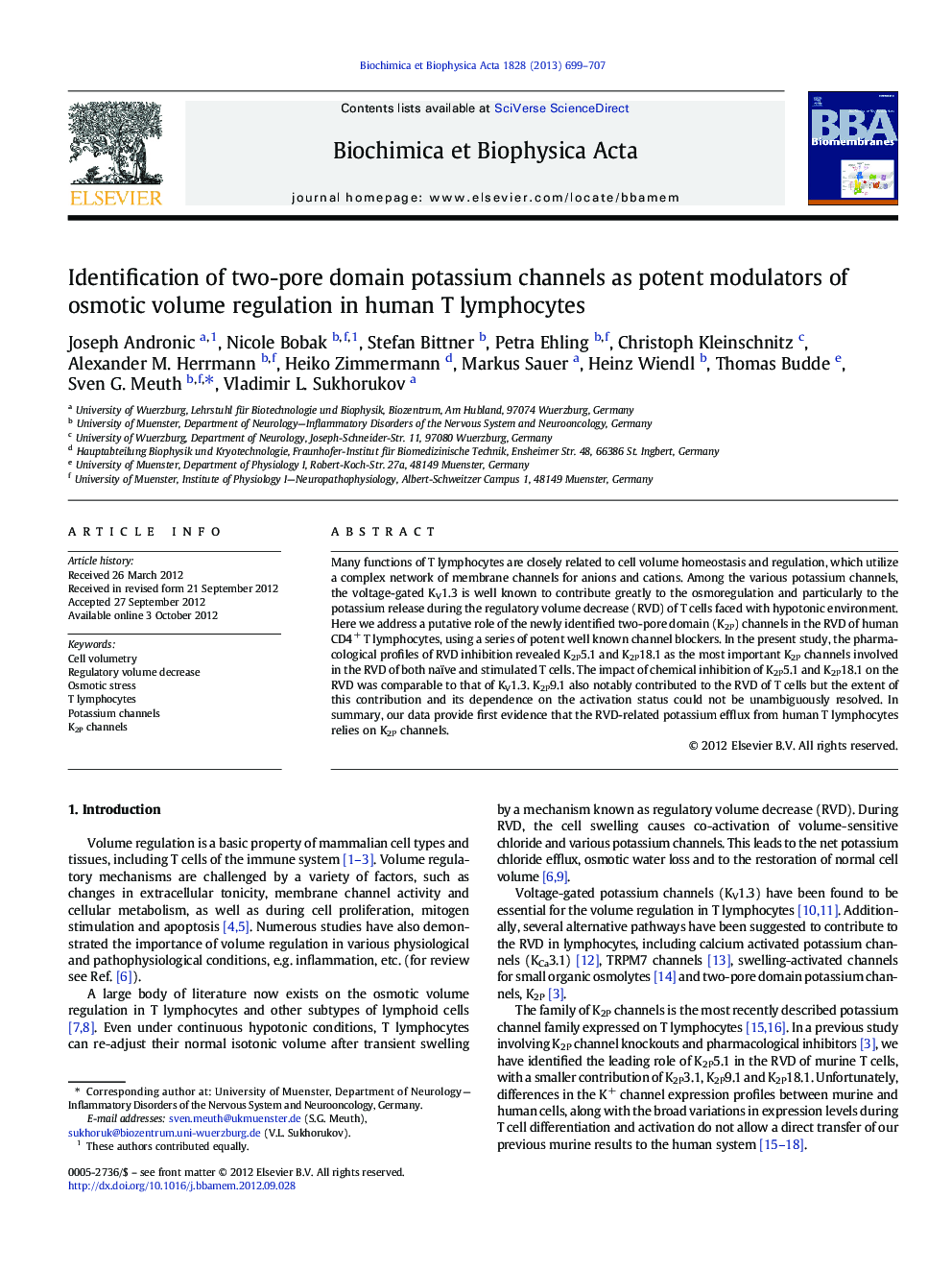 Identification of two-pore domain potassium channels as potent modulators of osmotic volume regulation in human T lymphocytes