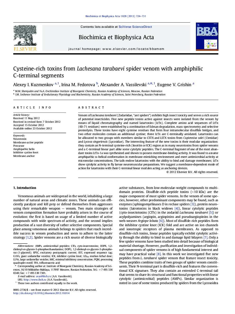 Cysteine-rich toxins from Lachesana tarabaevi spider venom with amphiphilic C-terminal segments