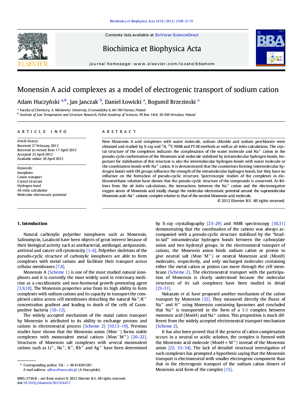 Monensin A acid complexes as a model of electrogenic transport of sodium cation