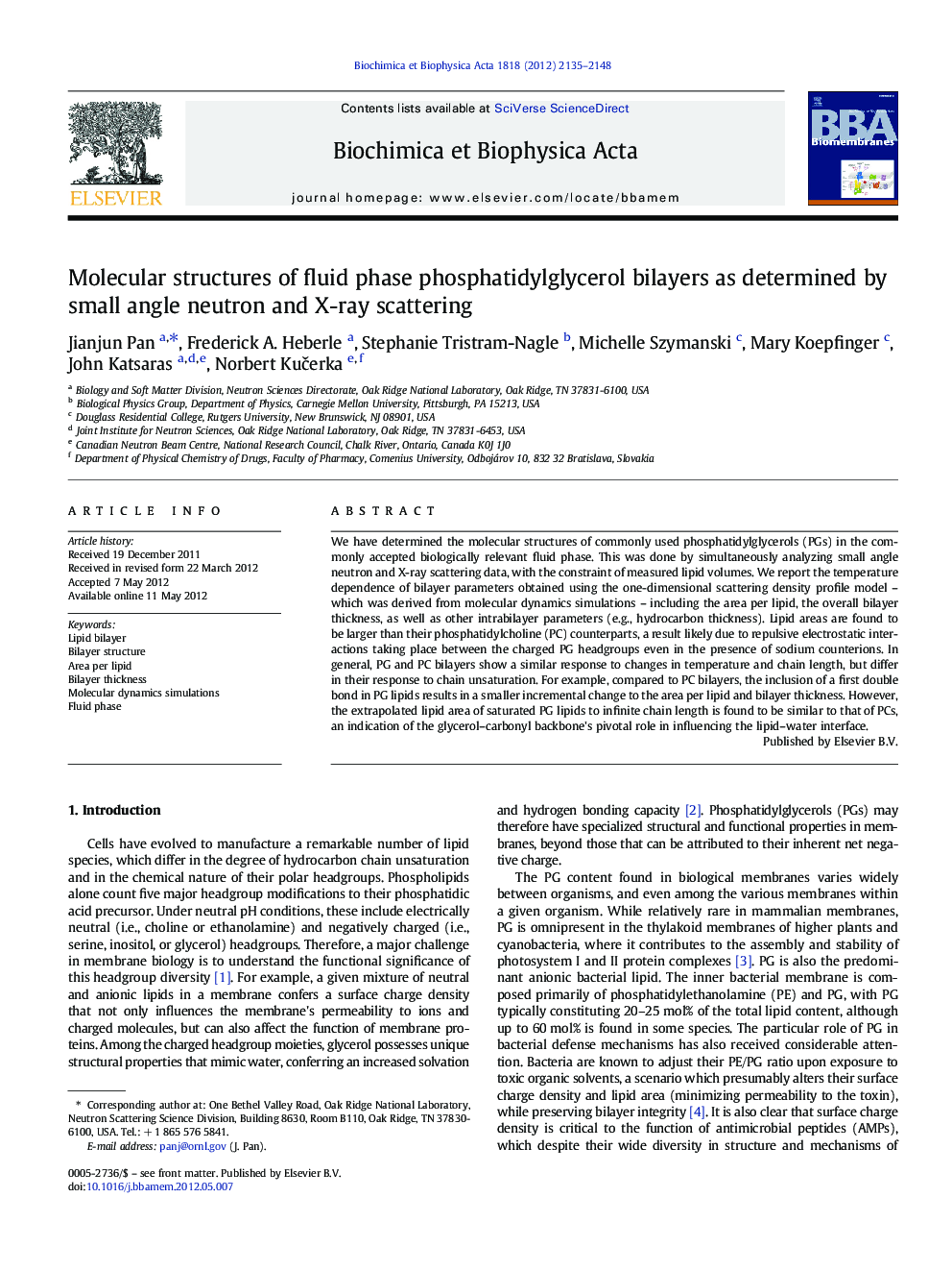 Molecular structures of fluid phase phosphatidylglycerol bilayers as determined by small angle neutron and X-ray scattering