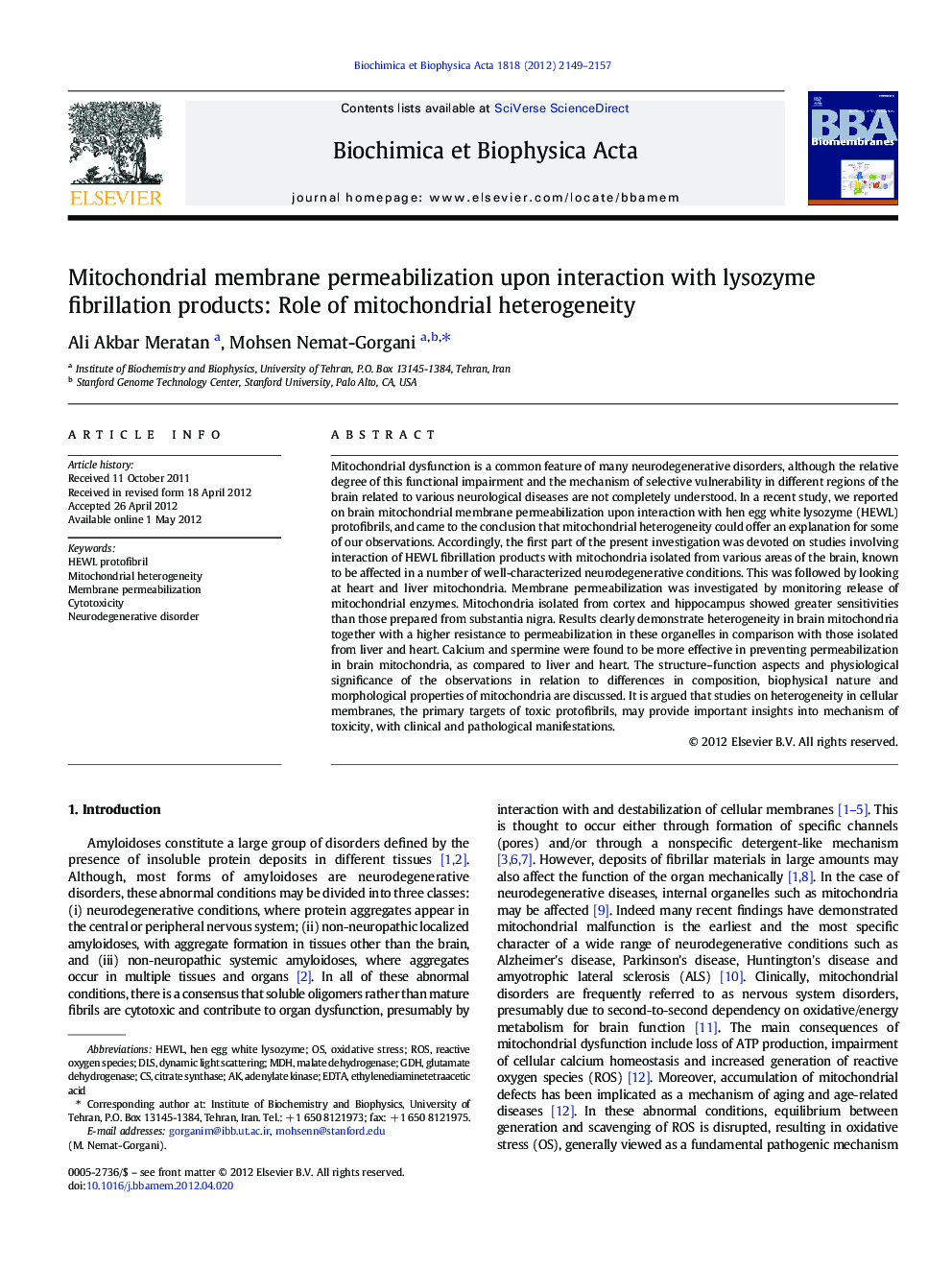 Mitochondrial membrane permeabilization upon interaction with lysozyme fibrillation products: Role of mitochondrial heterogeneity