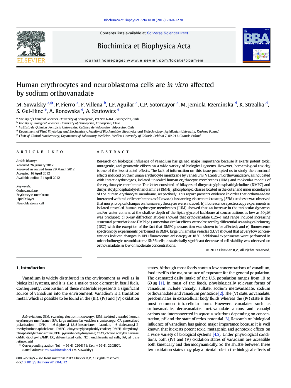 Human erythrocytes and neuroblastoma cells are in vitro affected by sodium orthovanadate