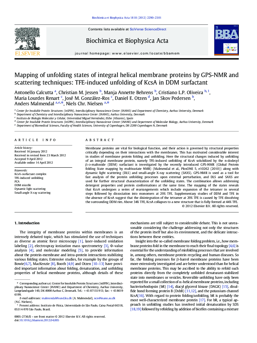 Mapping of unfolding states of integral helical membrane proteins by GPS-NMR and scattering techniques: TFE-induced unfolding of KcsA in DDM surfactant