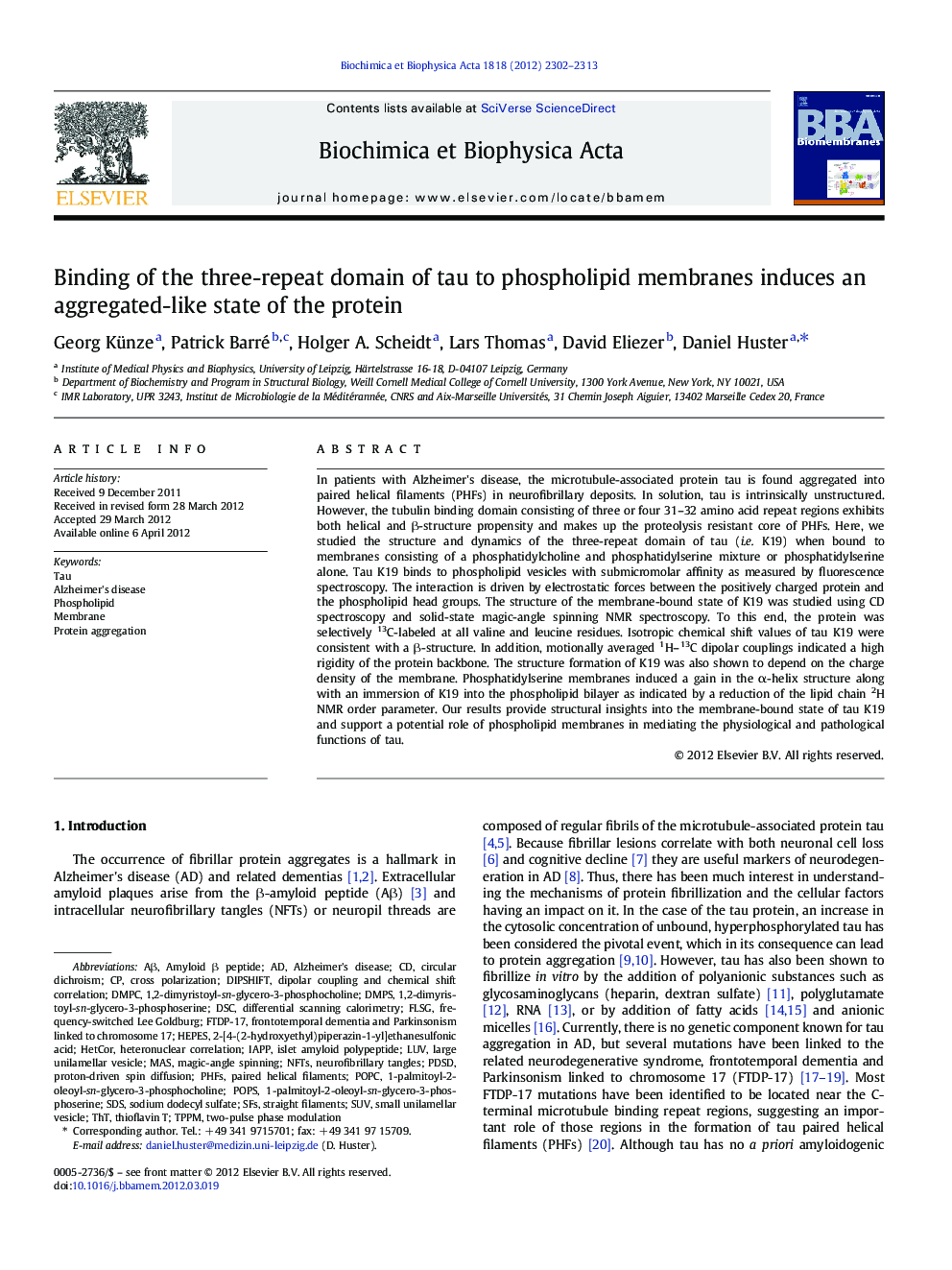 Binding of the three-repeat domain of tau to phospholipid membranes induces an aggregated-like state of the protein