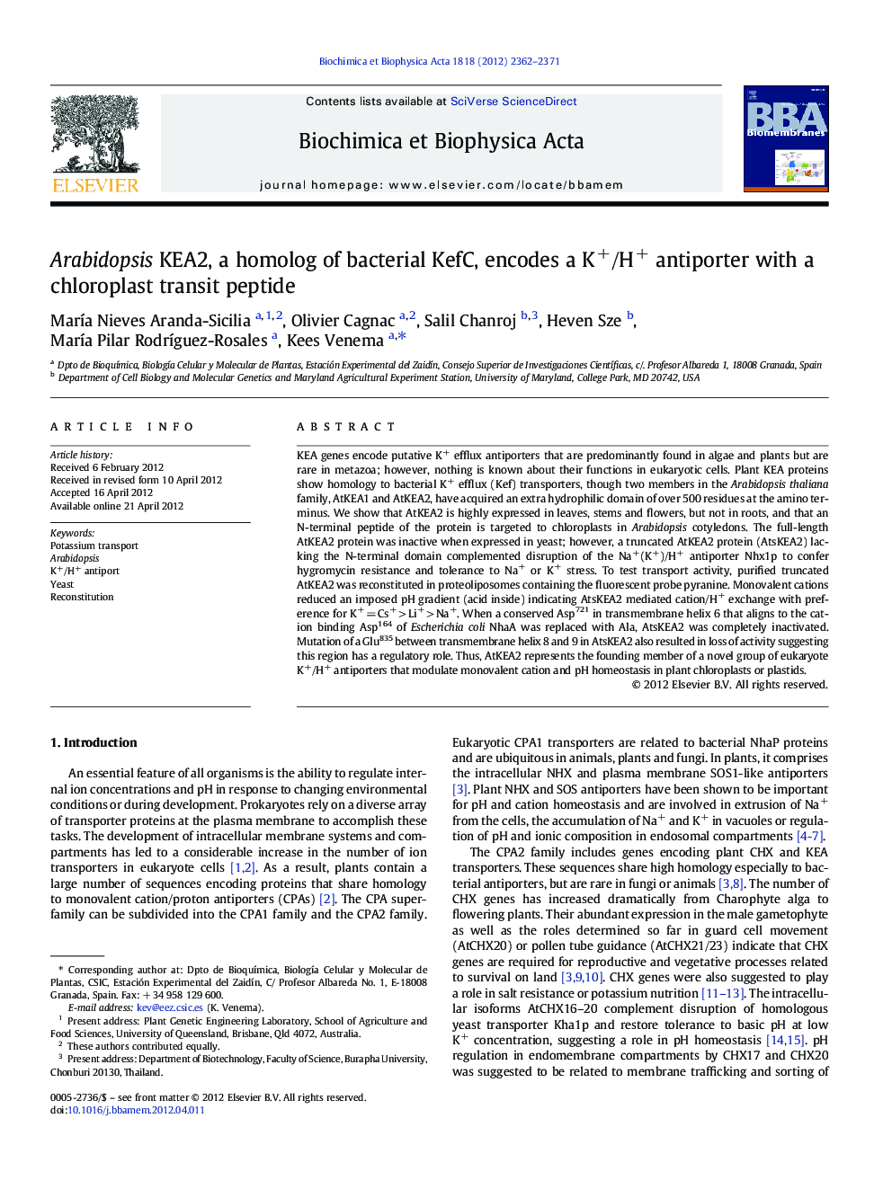 Arabidopsis KEA2, a homolog of bacterial KefC, encodes a K+/H+ antiporter with a chloroplast transit peptide