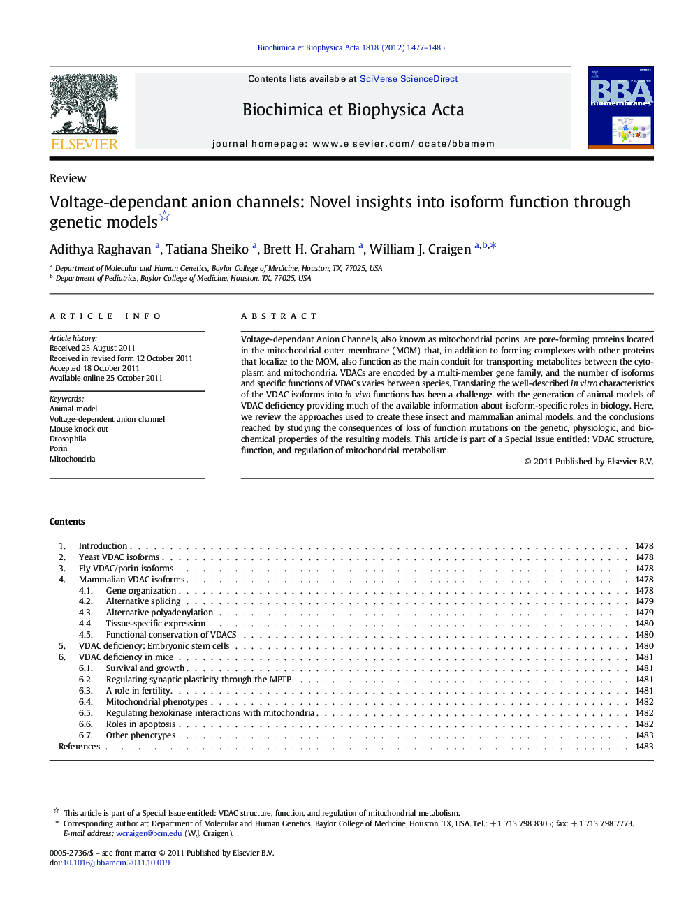 Voltage-dependant anion channels: Novel insights into isoform function through genetic models 