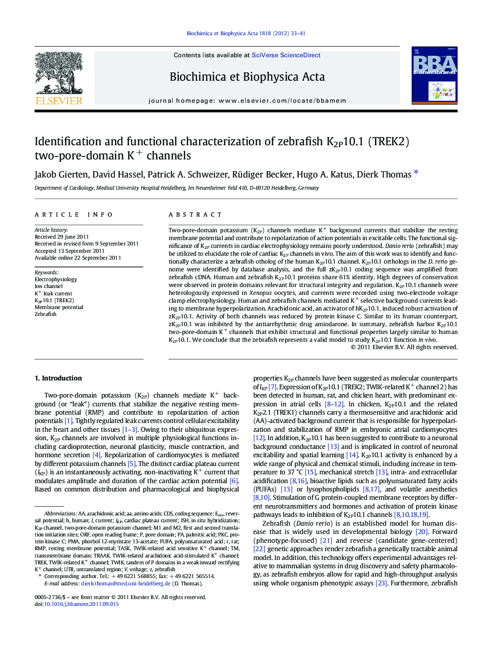 Identification and functional characterization of zebrafish K2P10.1 (TREK2) two-pore-domain K+ channels