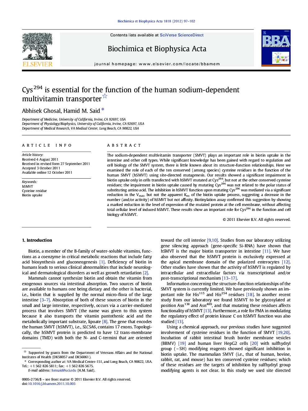 Cys294 is essential for the function of the human sodium-dependent multivitamin transporter