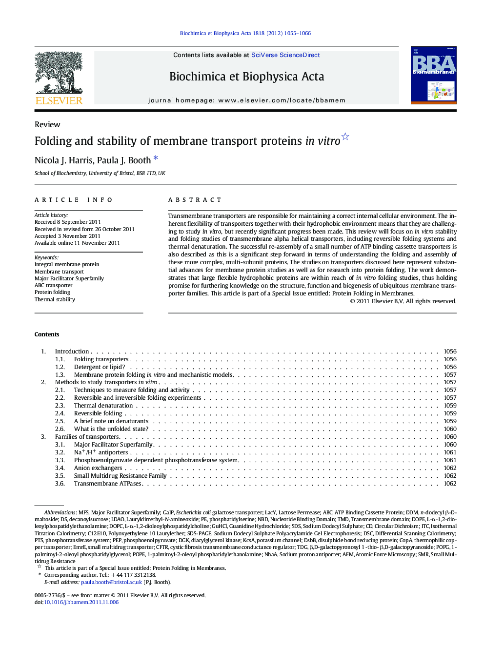 Folding and stability of membrane transport proteins in vitro 