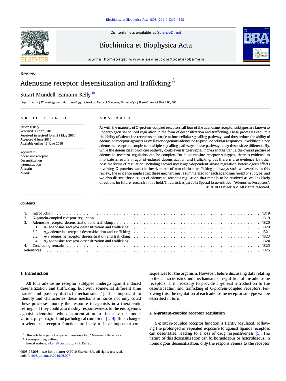 Adenosine receptor desensitization and trafficking 