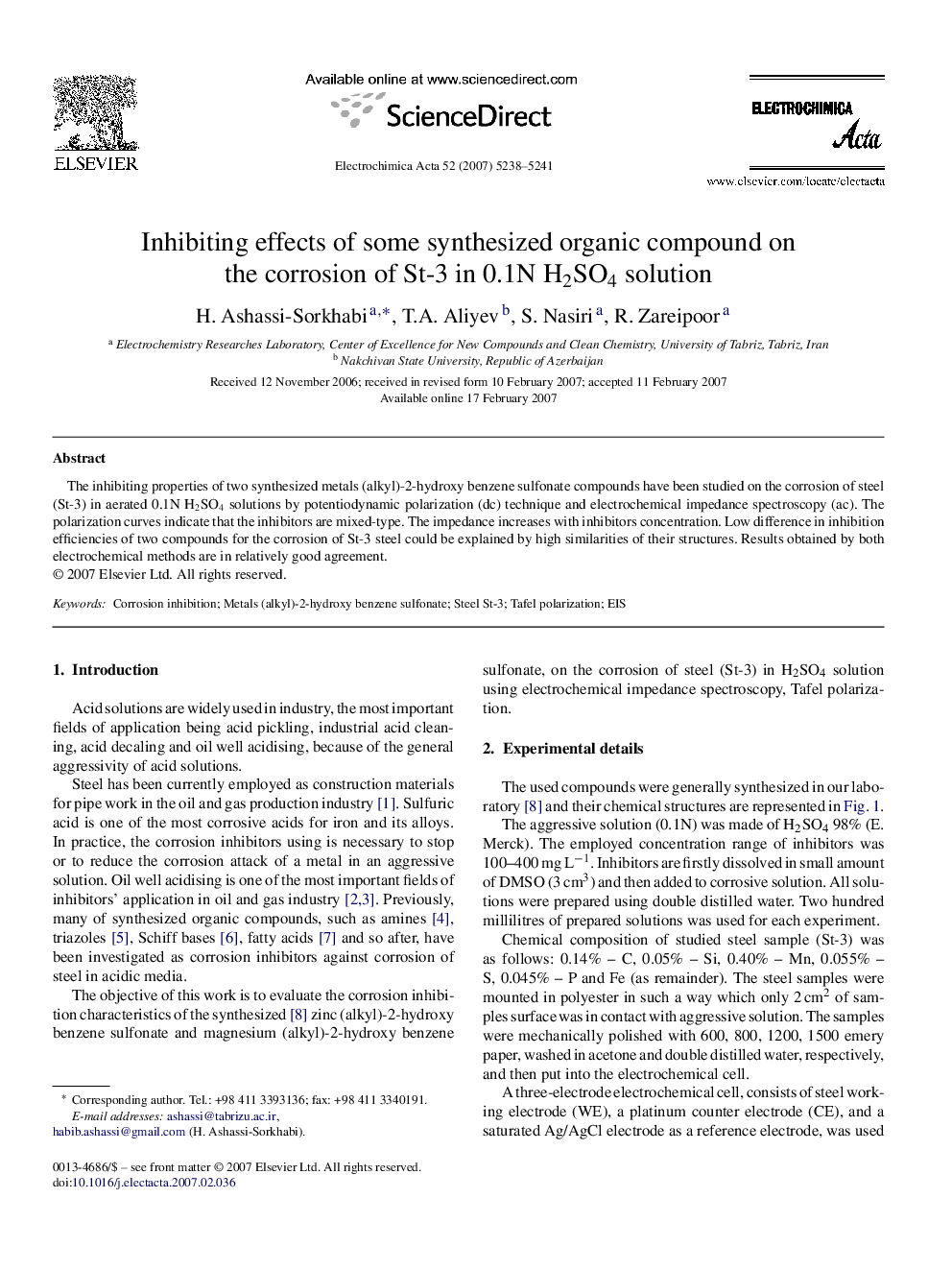 Inhibiting effects of some synthesized organic compound on the corrosion of St-3 in 0.1N H2SO4 solution