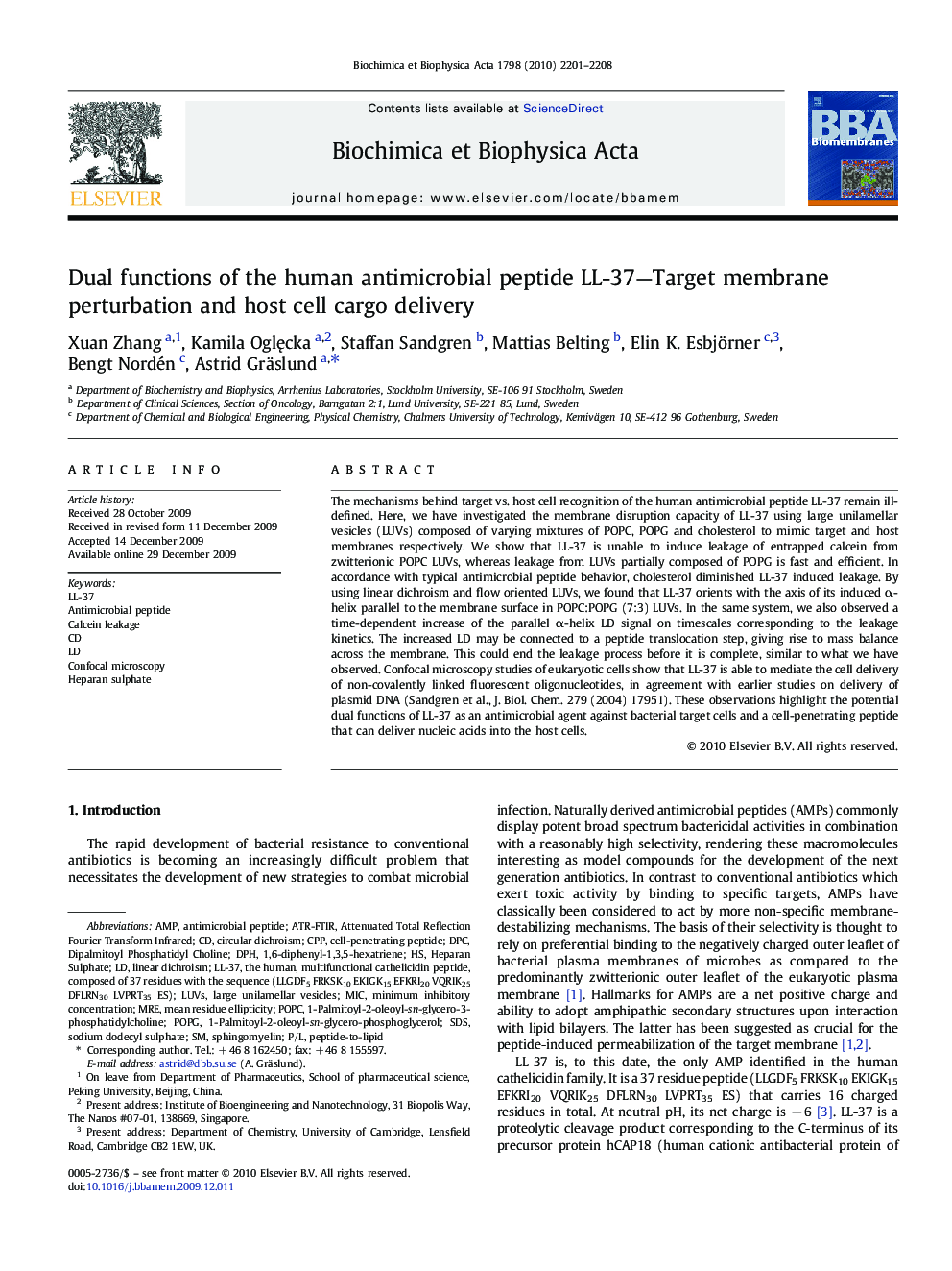 Dual functions of the human antimicrobial peptide LL-37—Target membrane perturbation and host cell cargo delivery