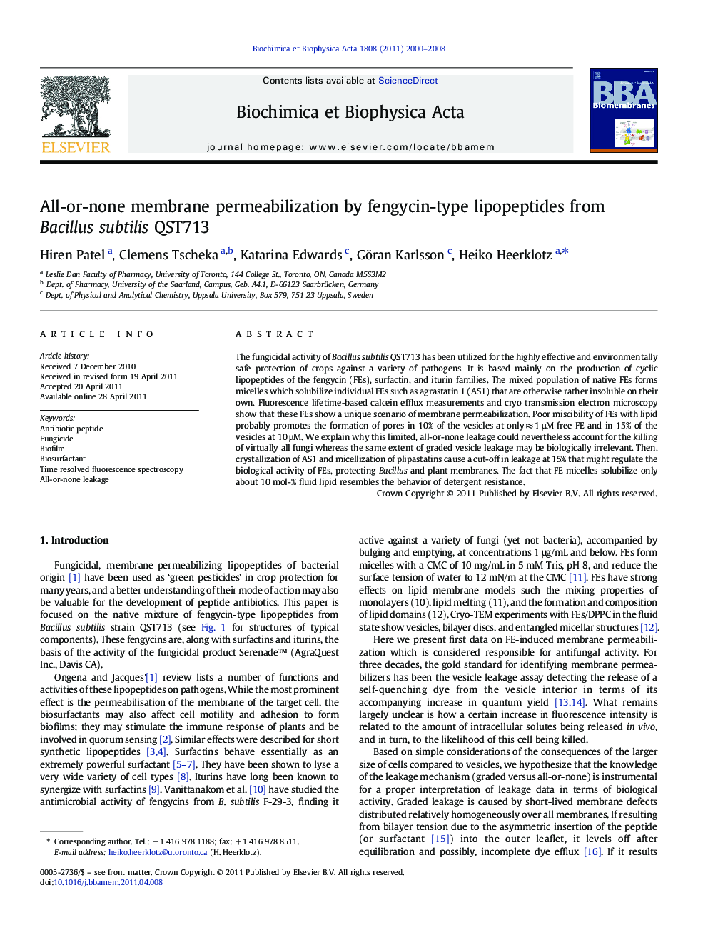 All-or-none membrane permeabilization by fengycin-type lipopeptides from Bacillus subtilis QST713