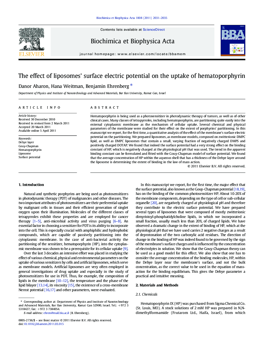 The effect of liposomes’ surface electric potential on the uptake of hematoporphyrin