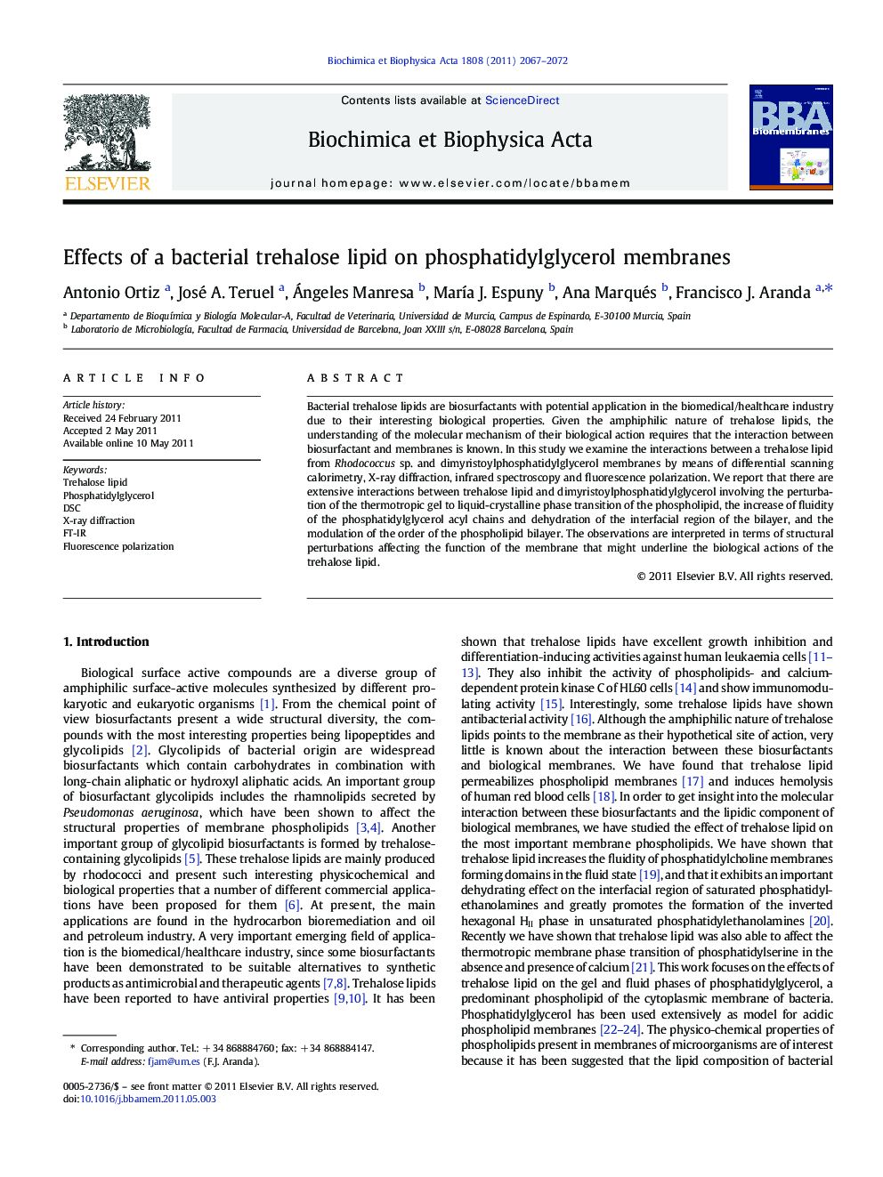 Effects of a bacterial trehalose lipid on phosphatidylglycerol membranes