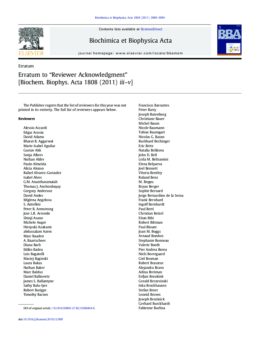 Erratum to “Reviewer Acknowledgment” [Biochem. Biophys. Acta 1808 (2011) iii-v]