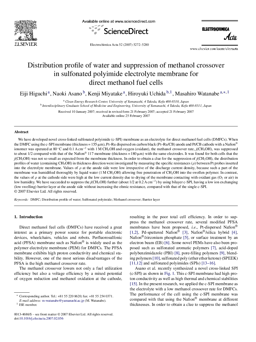 Distribution profile of water and suppression of methanol crossover in sulfonated polyimide electrolyte membrane for direct methanol fuel cells