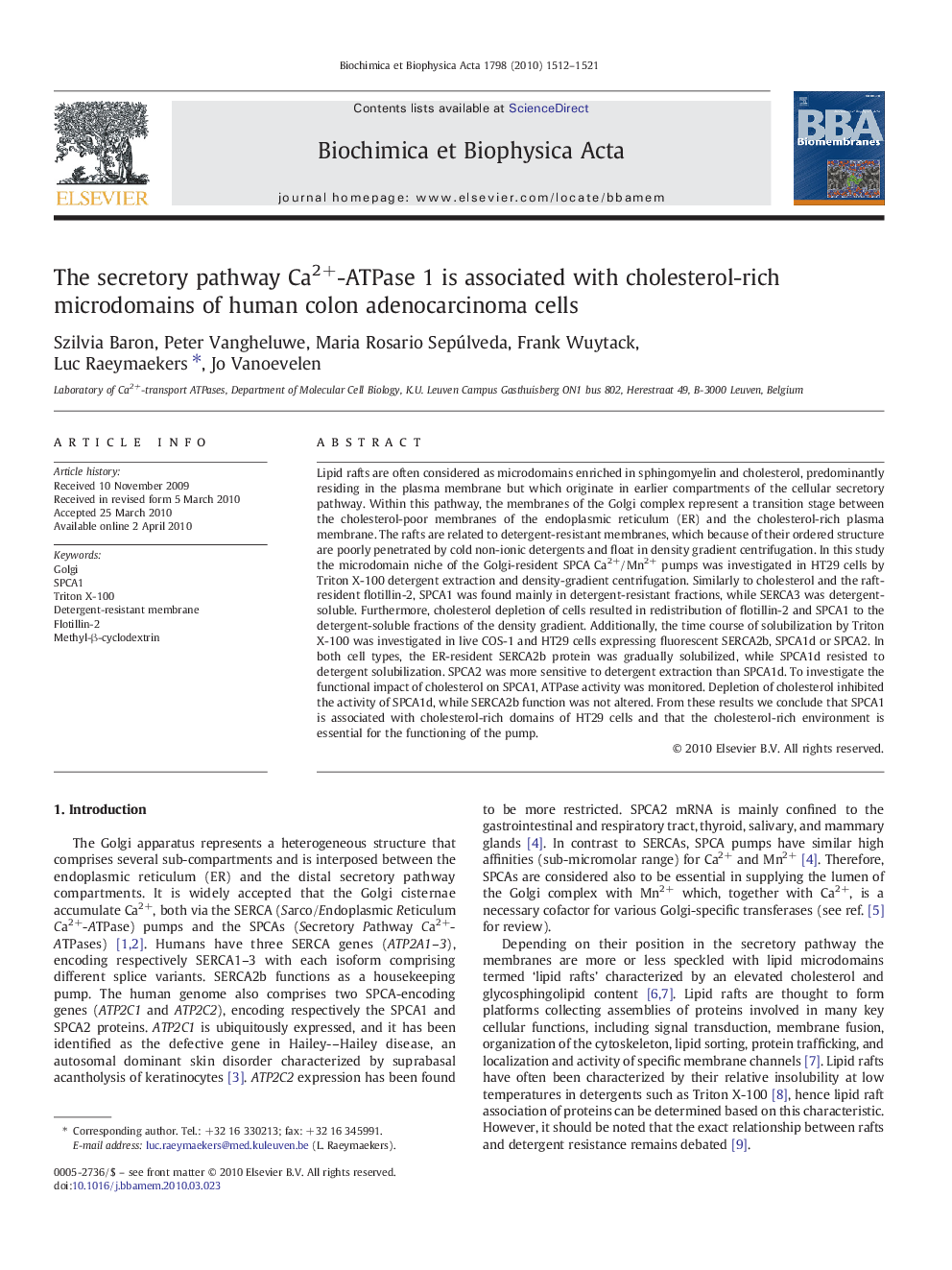 The secretory pathway Ca2+-ATPase 1 is associated with cholesterol-rich microdomains of human colon adenocarcinoma cells