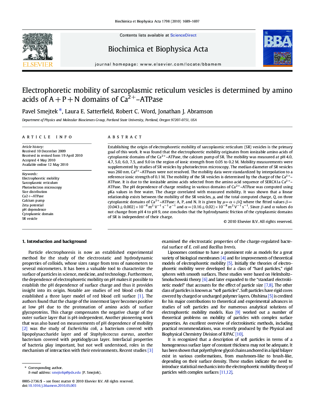 Electrophoretic mobility of sarcoplasmic reticulum vesicles is determined by amino acids of A + P + N domains of Ca2+–ATPase