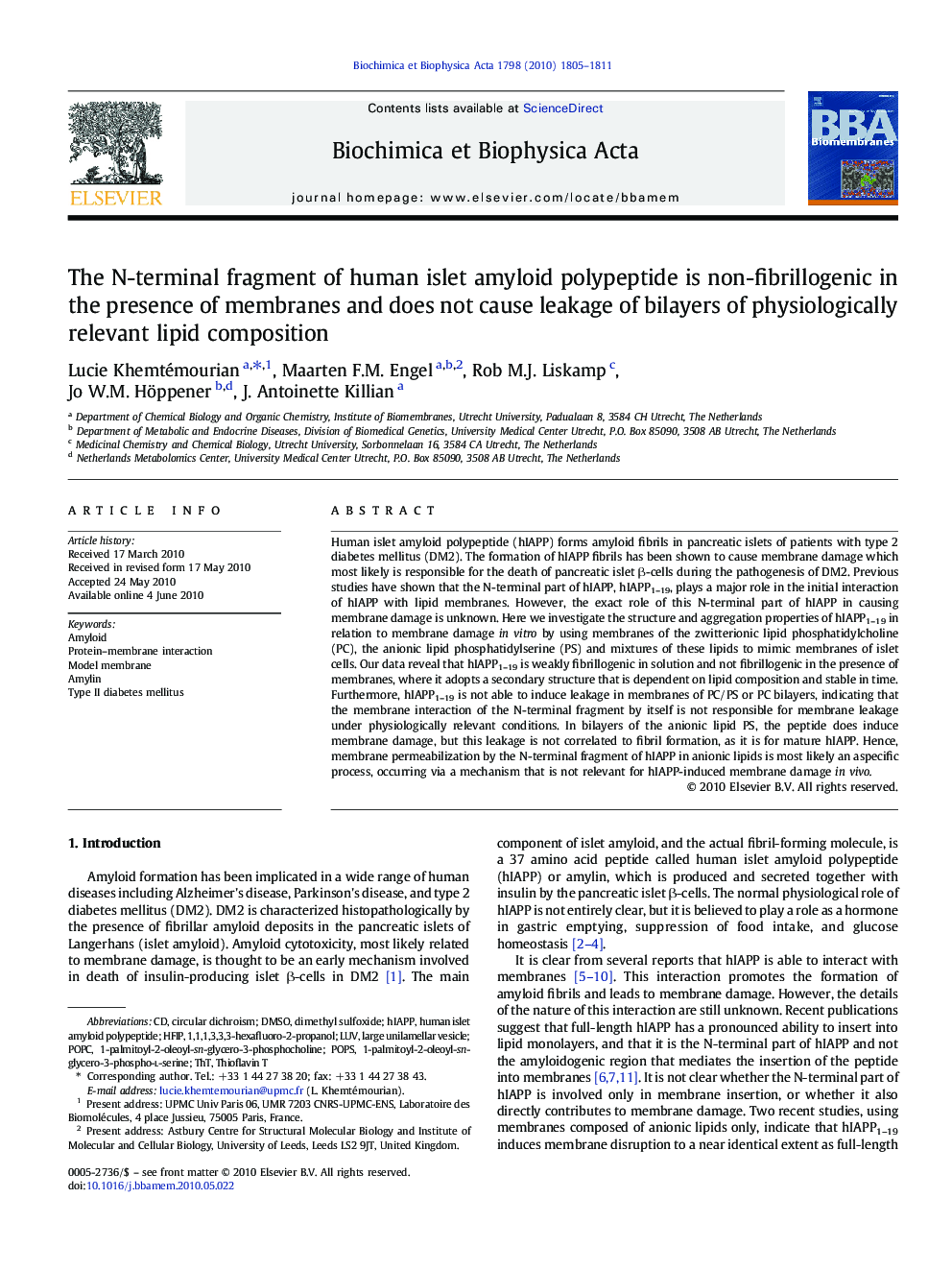 The N-terminal fragment of human islet amyloid polypeptide is non-fibrillogenic in the presence of membranes and does not cause leakage of bilayers of physiologically relevant lipid composition