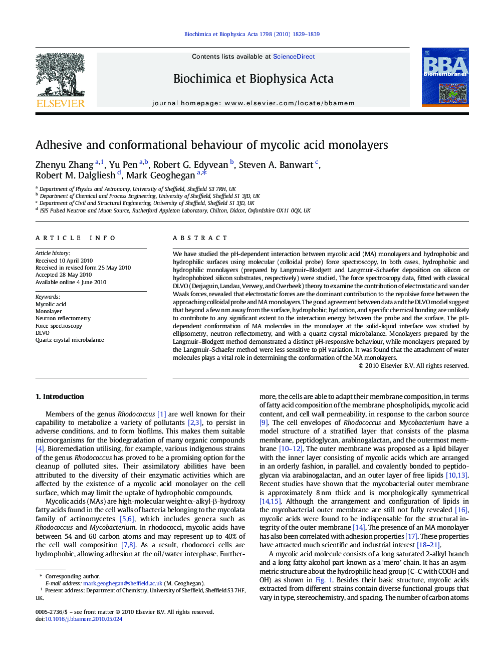 Adhesive and conformational behaviour of mycolic acid monolayers