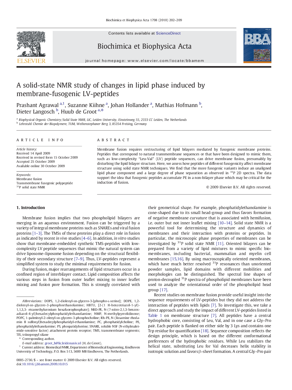 A solid-state NMR study of changes in lipid phase induced by membrane-fusogenic LV-peptides
