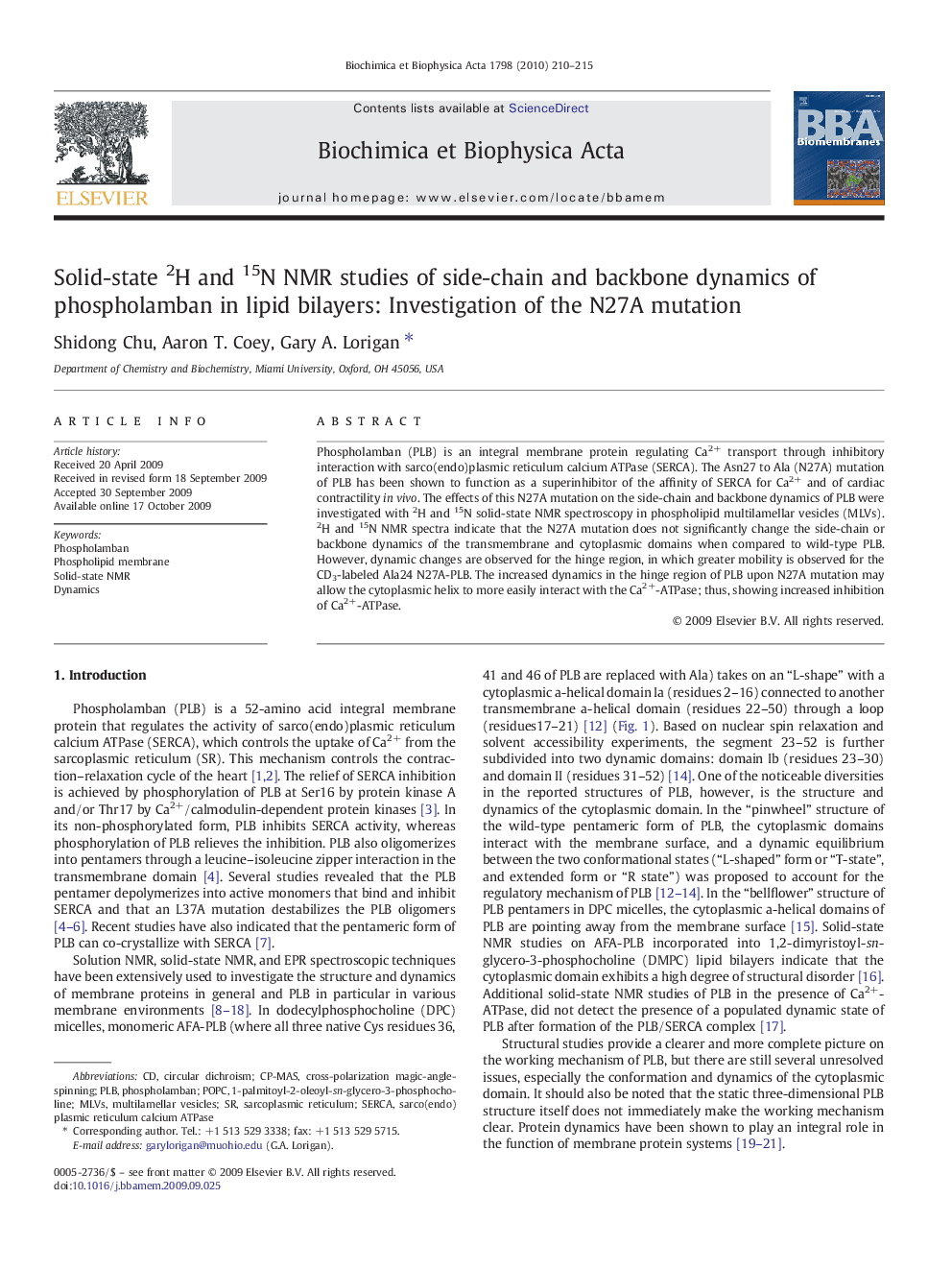 Solid-state 2H and 15N NMR studies of side-chain and backbone dynamics of phospholamban in lipid bilayers: Investigation of the N27A mutation