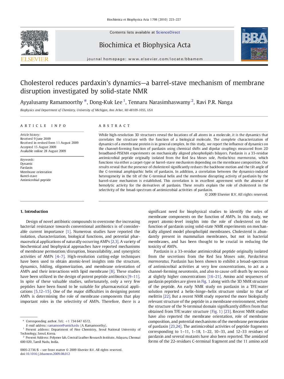 Cholesterol reduces pardaxin's dynamics—a barrel-stave mechanism of membrane disruption investigated by solid-state NMR