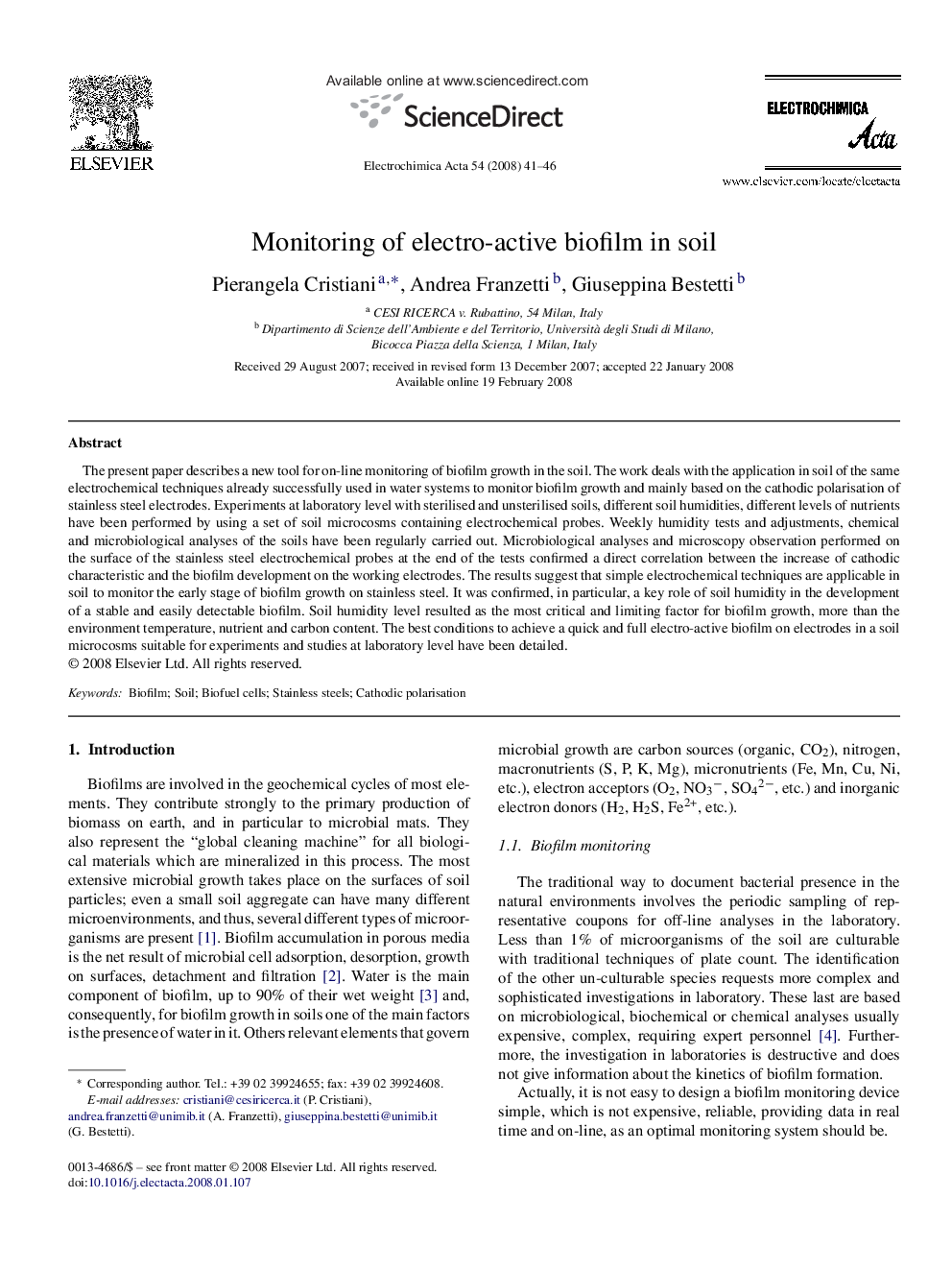 Monitoring of electro-active biofilm in soil