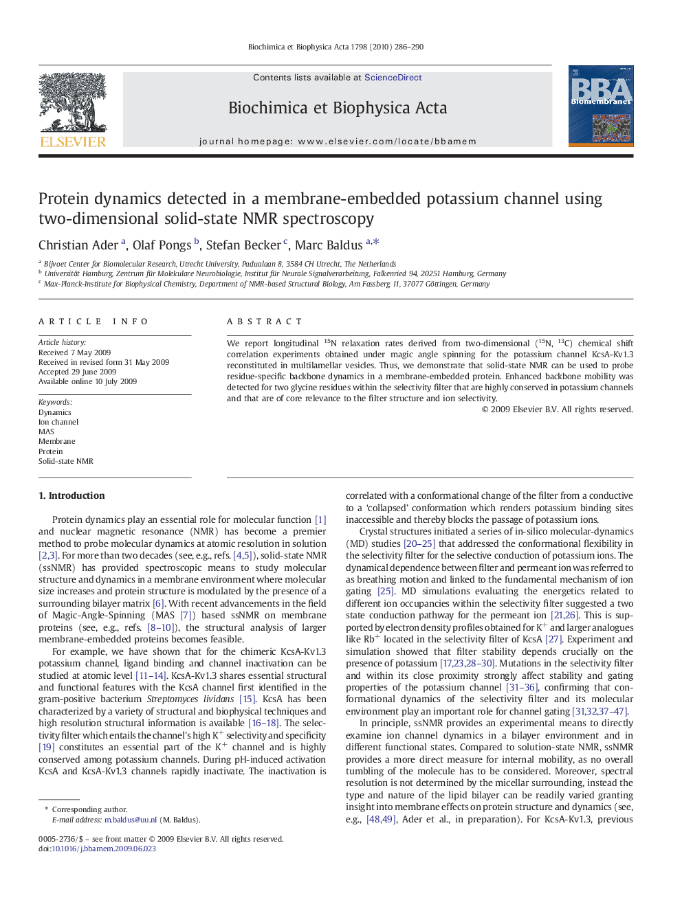 Protein dynamics detected in a membrane-embedded potassium channel using two-dimensional solid-state NMR spectroscopy