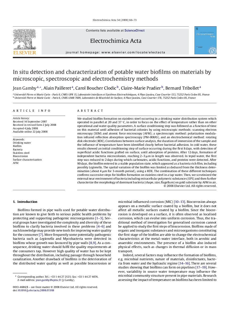 In situ detection and characterization of potable water biofilms on materials by microscopic, spectroscopic and electrochemistry methods