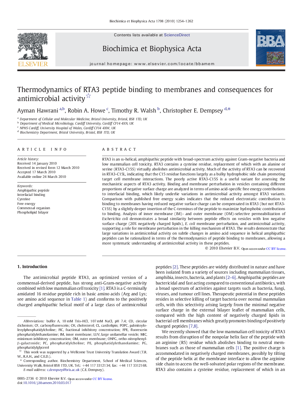 Thermodynamics of RTA3 peptide binding to membranes and consequences for antimicrobial activity 