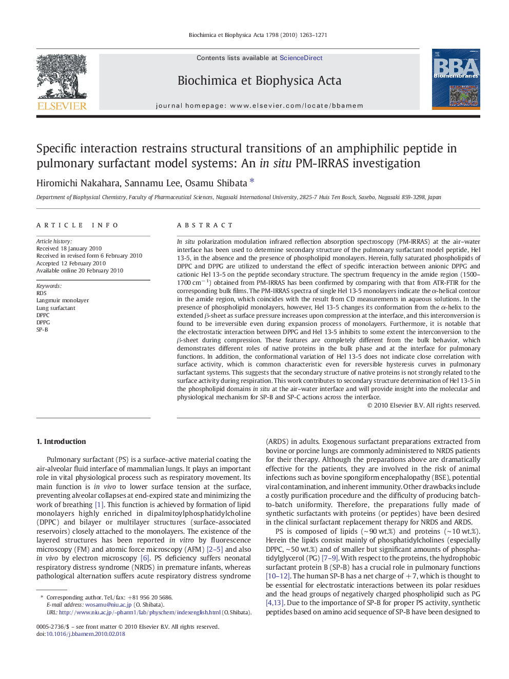 Specific interaction restrains structural transitions of an amphiphilic peptide in pulmonary surfactant model systems: An in situ PM-IRRAS investigation