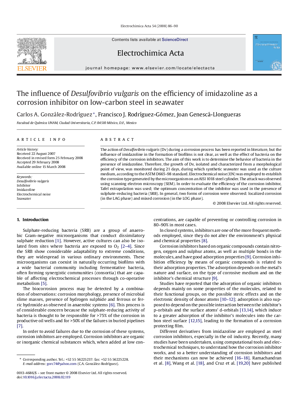 The influence of Desulfovibrio vulgaris on the efficiency of imidazoline as a corrosion inhibitor on low-carbon steel in seawater