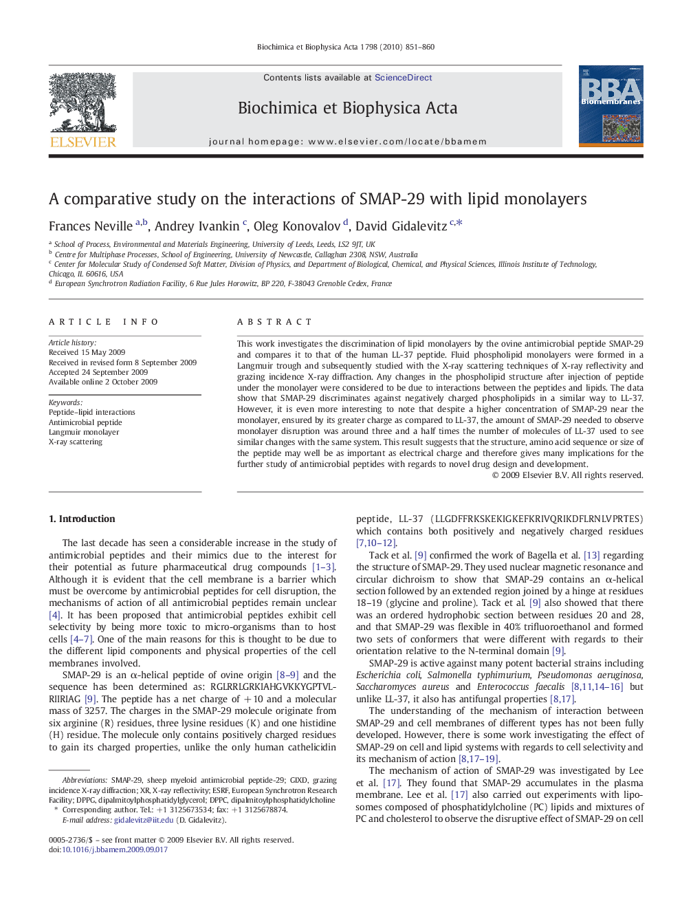 A comparative study on the interactions of SMAP-29 with lipid monolayers