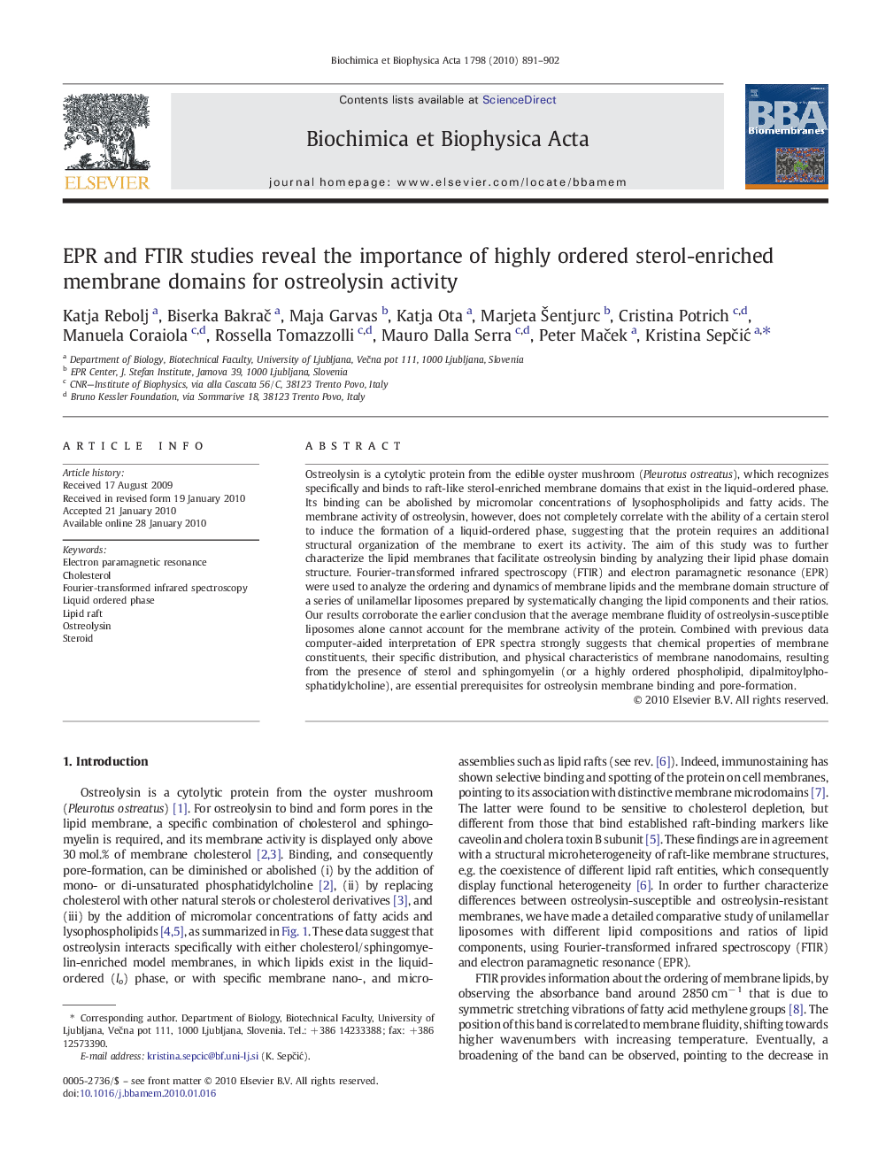 EPR and FTIR studies reveal the importance of highly ordered sterol-enriched membrane domains for ostreolysin activity